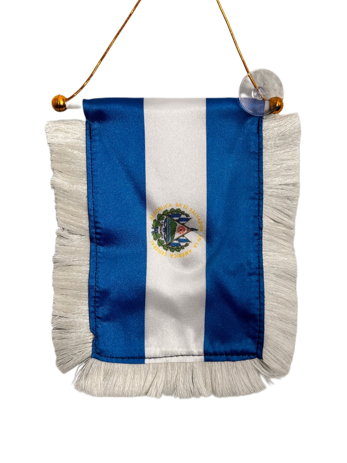 El Salvador Flag Banner - 4x6 Fringy Window Hanging Flag - Mini Flag Banner & Car Rearview Mirror Decor - Fringed & Double Sided - Hanging Flag with Suction Cup