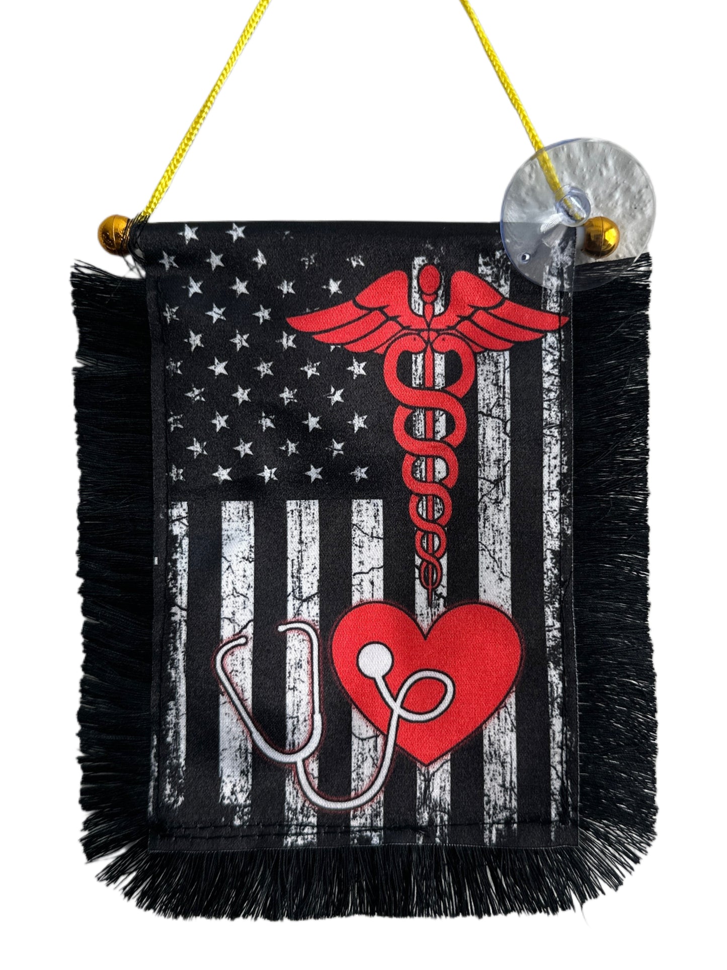Medical Profession Hanging Banner - 4x6 Fringy Window Hanging Flag - Mini Flag Banner & Car Rearview Mirror Decor - Fringed & Double Sided - Hanging Flag with Suction Cup