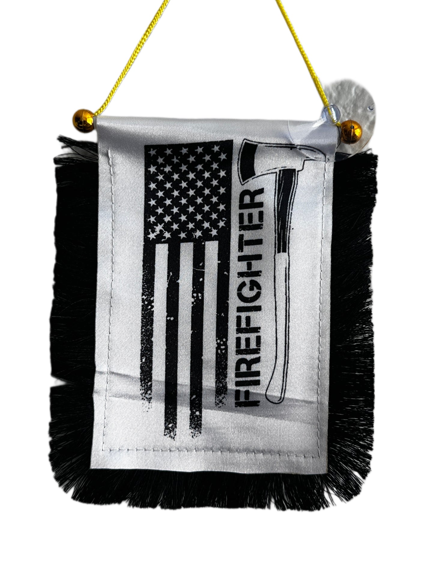 Firefighter Hanging Banner - 4x6 Fringy Window Hanging Flag - Mini Flag Banner & Car Rearview Mirror Decor - Fringed & Double Sided - Hanging Flag with Suction Cup