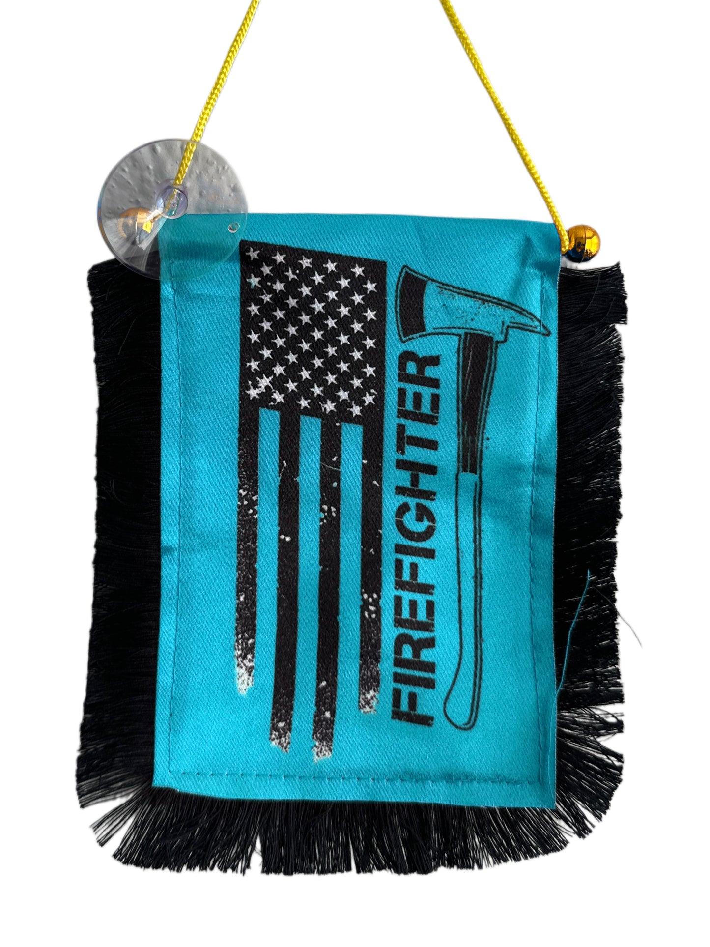 Firefighter Hanging Banner - 4x6 Fringy Window Hanging Flag - Mini Flag Banner & Car Rearview Mirror Decor - Fringed & Double Sided - Hanging Flag with Suction Cup
