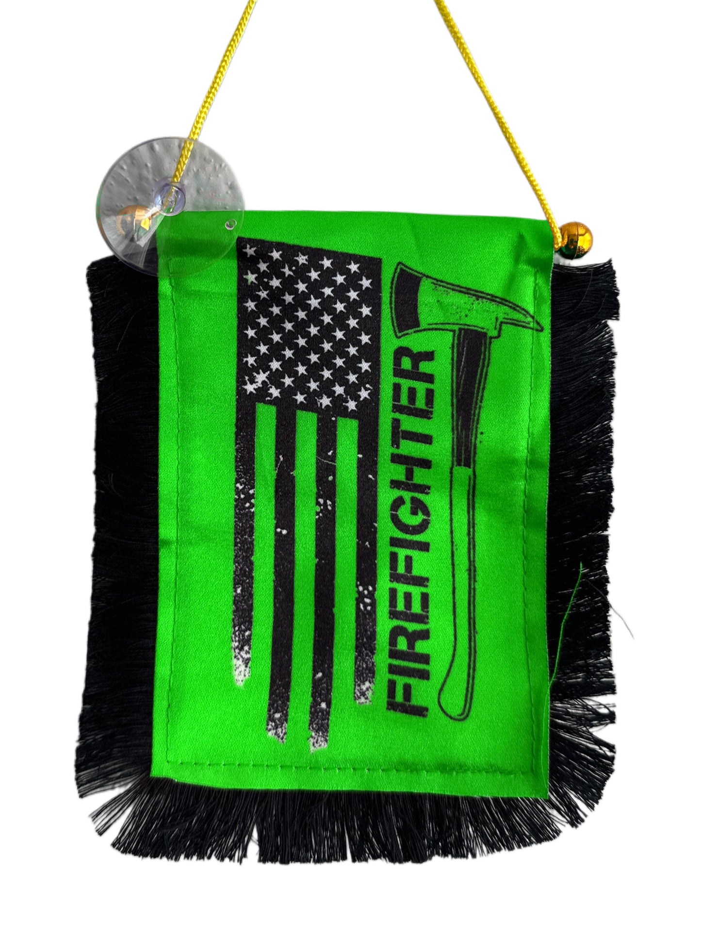 Firefighter Hanging Banner - 4x6 Fringy Window Hanging Flag - Mini Flag Banner & Car Rearview Mirror Decor - Fringed & Double Sided - Hanging Flag with Suction Cup