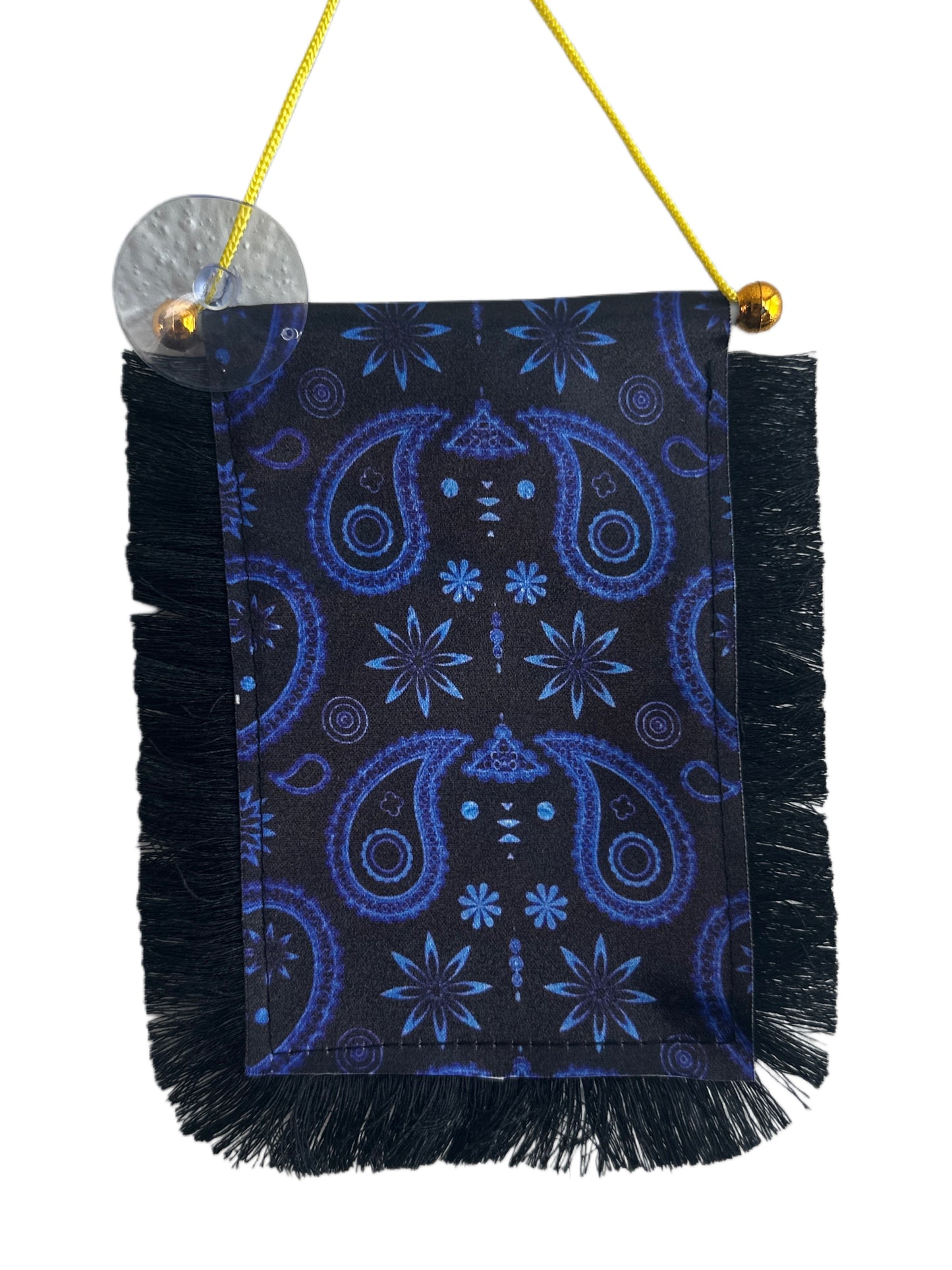 Blue Paisley Hanging Banner - 4x6 Fringy Window Hanging Flag - Mini Flag Banner & Car Rearview Mirror Decor - Fringed & Double Sided - Hanging Flag with Suction Cup