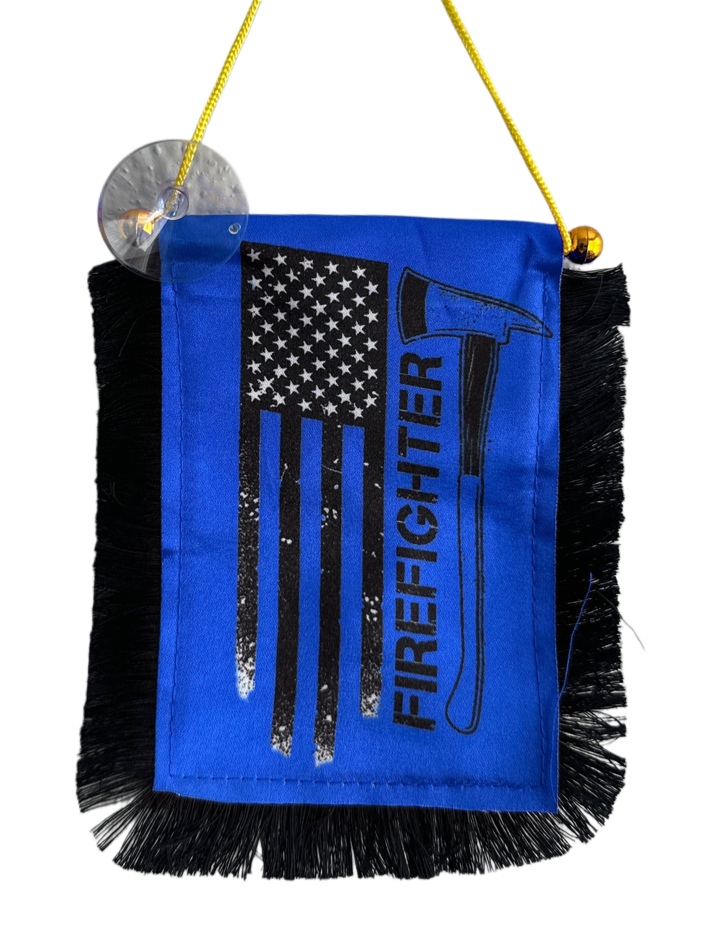 Firefighter Hanging Banner - 4x6 Fringy Window Hanging Flag - Mini Flag Banner & Car Rearview Mirror Decor - Fringed & Double Sided - Hanging Flag with Suction Cup