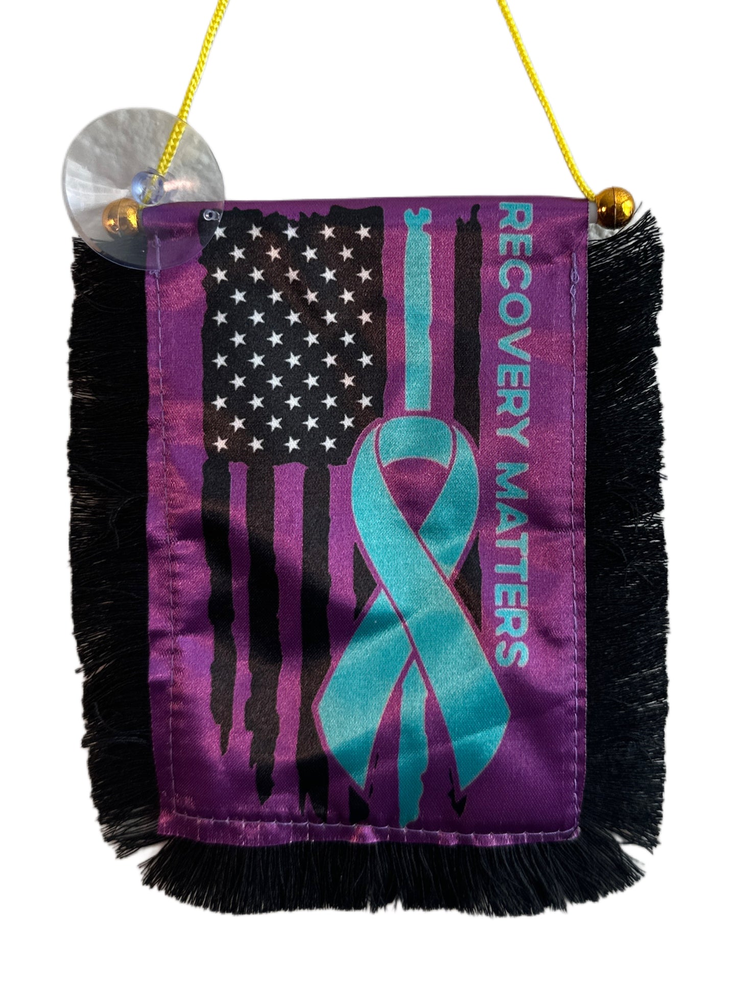 Recovery Matters Hanging Banner - 4x6 Fringy Window Hanging Flag - Mini Flag Banner & Car Rearview Mirror Decor - Fringed & Double Sided - Hanging Flag with Suction Cup
