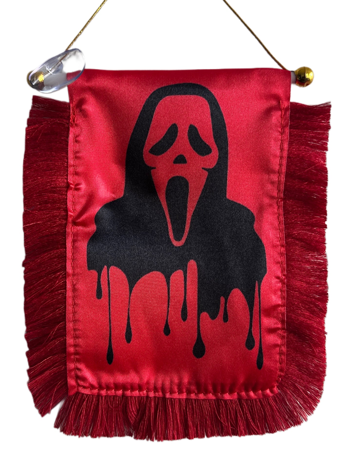 Ghost Face Hanging Banner - 4x6 Fringy Window Hanging Flag - Mini Flag Banner & Car Rearview Mirror Decor - Fringed & Double Sided - Hanging Flag with Suction Cup
