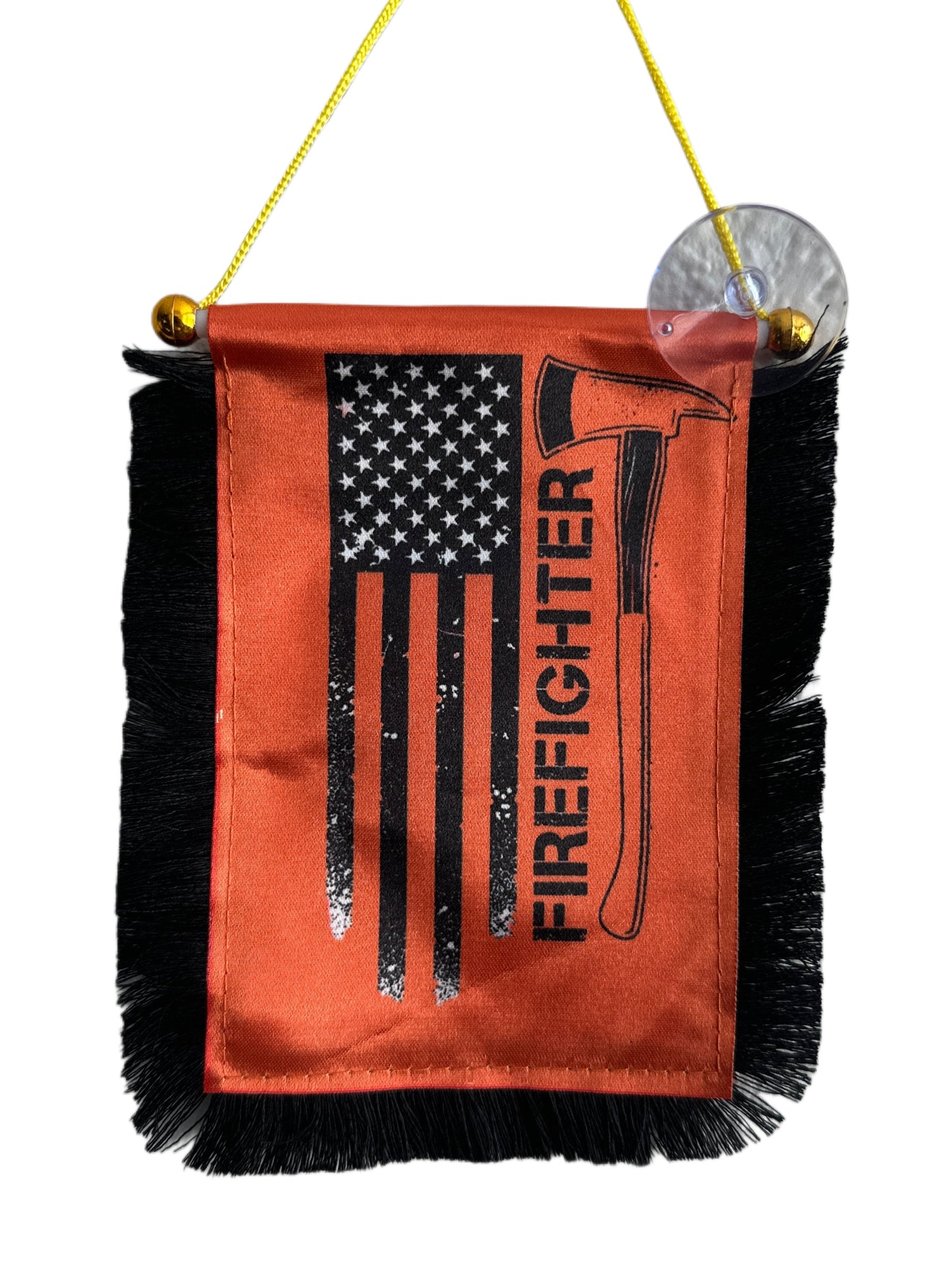 Firefighter Hanging Banner - 4x6 Fringy Window Hanging Flag - Mini Flag Banner & Car Rearview Mirror Decor - Fringed & Double Sided - Hanging Flag with Suction Cup