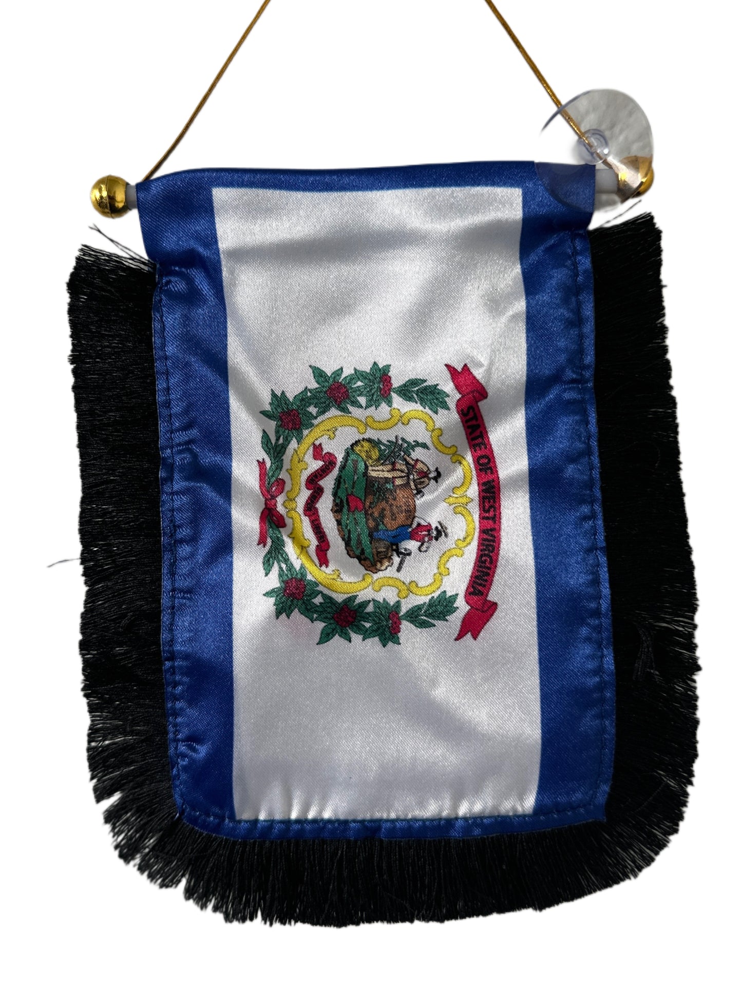 West Virginia Flag Hanging Banner - 4x6 Fringy Window Hanging Flag - Mini Flag Banner & Car Rearview Mirror Decor - Fringed & Double Sided - Hanging Flag with Suction Cup