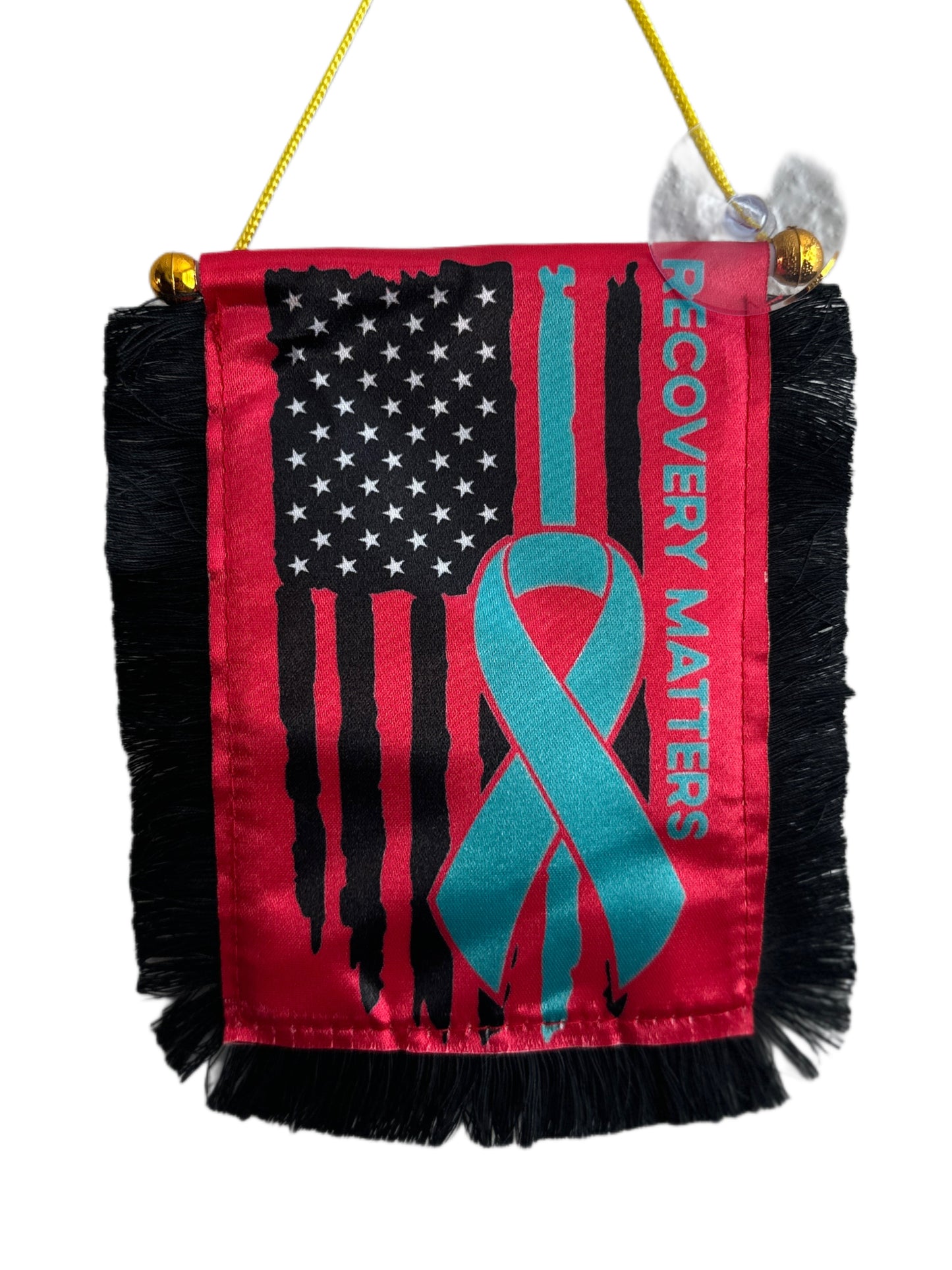 Recovery Matters Hanging Banner - 4x6 Fringy Window Hanging Flag - Mini Flag Banner & Car Rearview Mirror Decor - Fringed & Double Sided - Hanging Flag with Suction Cup
