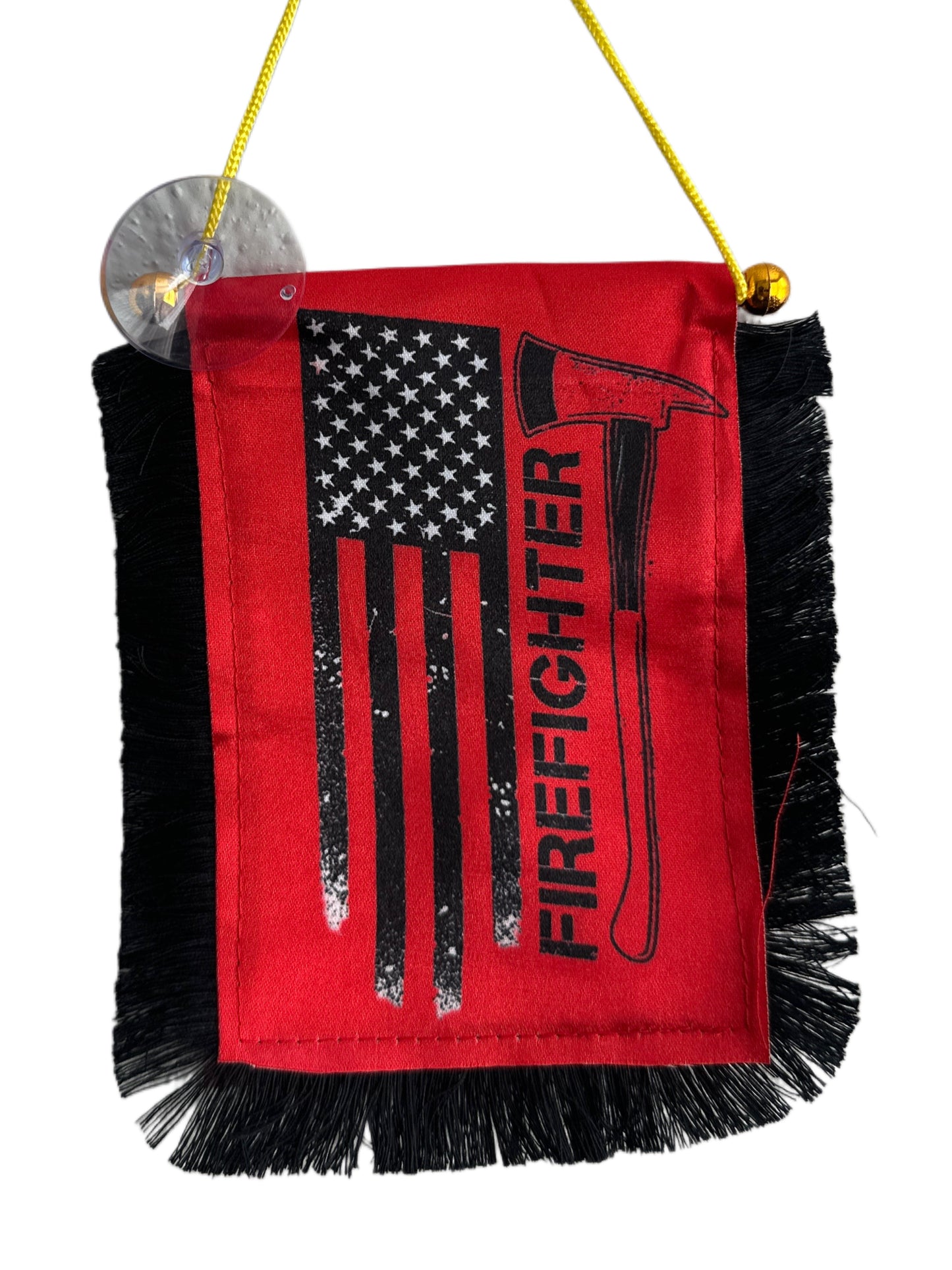 Firefighter Hanging Banner - 4x6 Fringy Window Hanging Flag - Mini Flag Banner & Car Rearview Mirror Decor - Fringed & Double Sided - Hanging Flag with Suction Cup