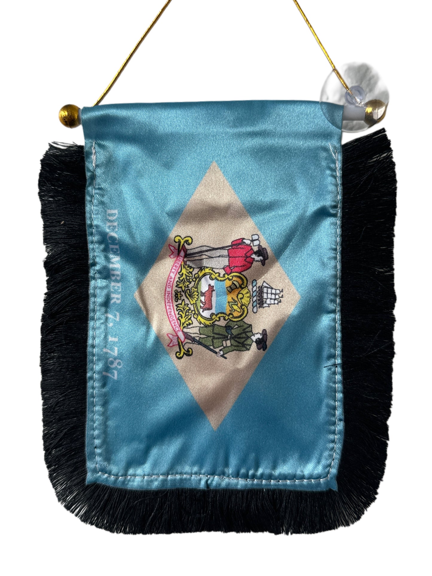 Delaware Flag Hanging Banner - 4x6 Fringy Window Hanging Flag - Mini Flag Banner & Car Rearview Mirror Decor - Fringed & Double Sided - Hanging Flag with Suction Cup