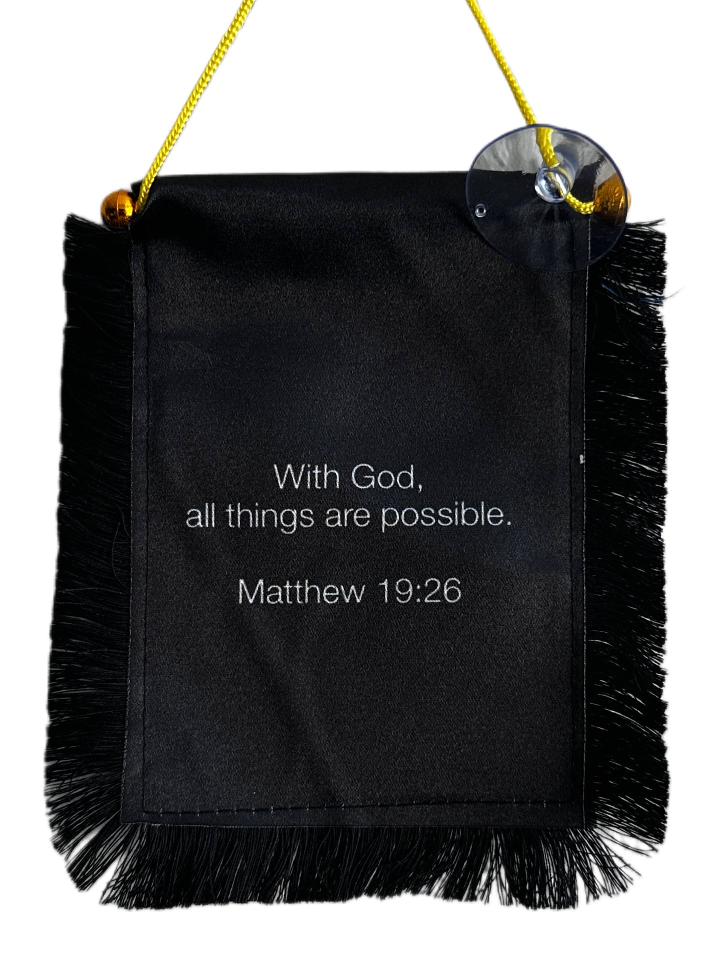 Scripture Hanging Banner - 4x6 Fringy Window Hanging Flag - Mini Flag Banner & Car Rearview Mirror Decor - Fringed & Double Sided - Hanging Flag with Suction Cup