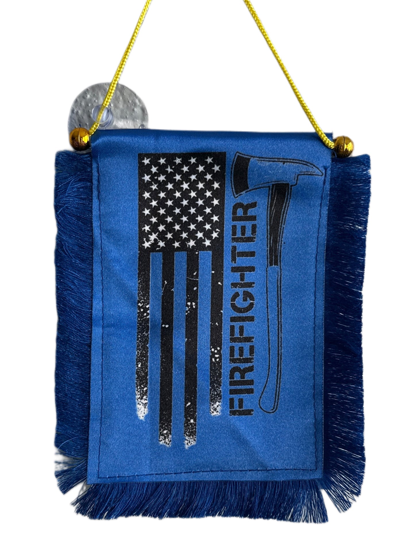 Firefighter Hanging Banner - 4x6 Fringy Window Hanging Flag - Mini Flag Banner & Car Rearview Mirror Decor - Fringed & Double Sided - Hanging Flag with Suction Cup