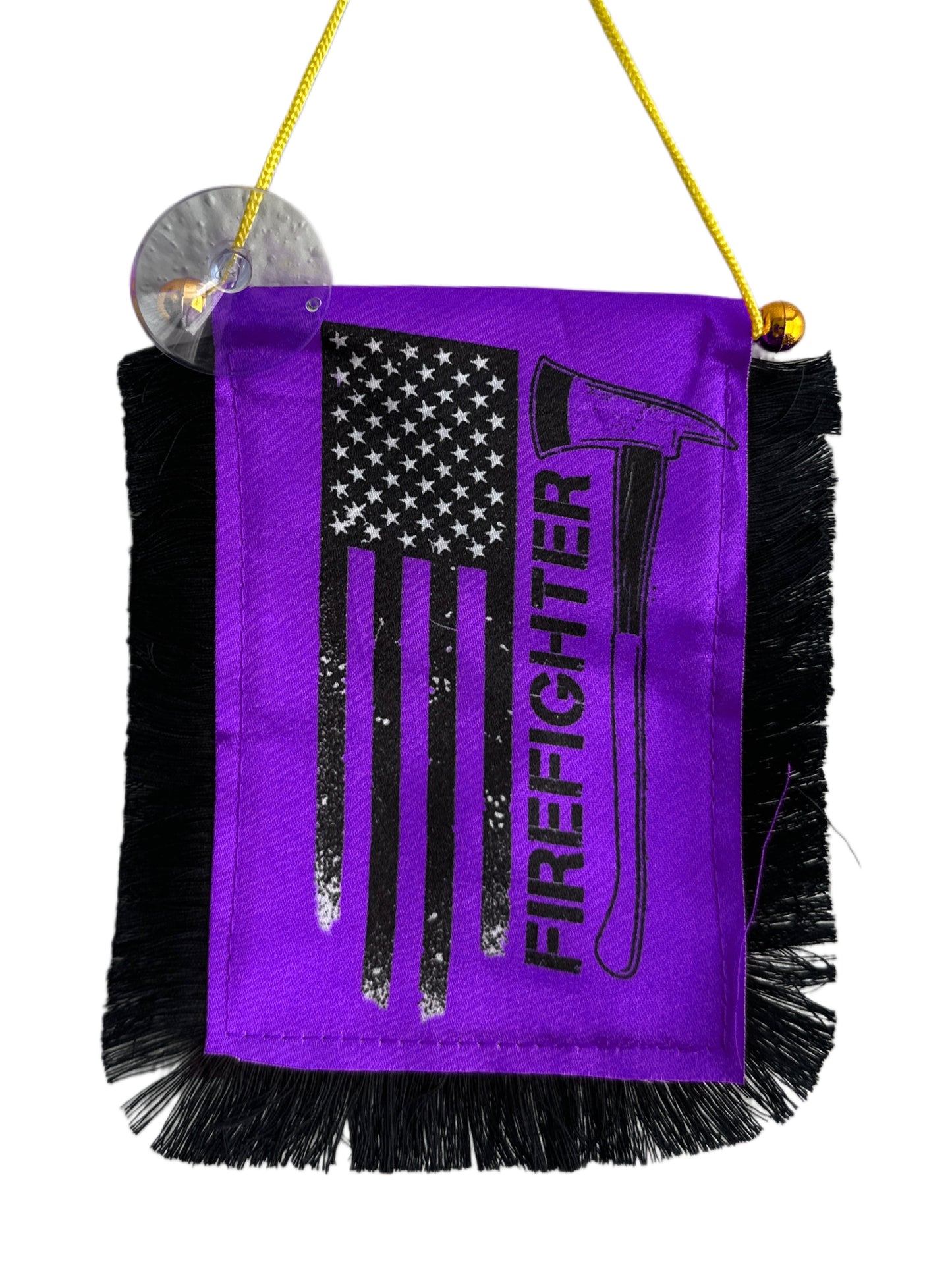 Firefighter Hanging Banner - 4x6 Fringy Window Hanging Flag - Mini Flag Banner & Car Rearview Mirror Decor - Fringed & Double Sided - Hanging Flag with Suction Cup