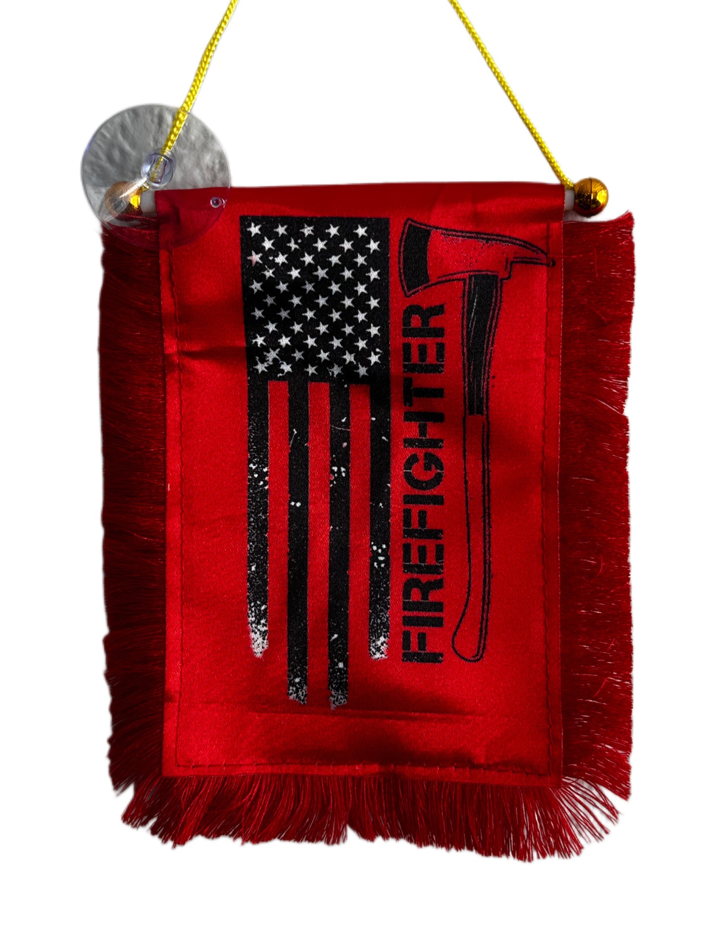Firefighter Hanging Banner - 4x6 Fringy Window Hanging Flag - Mini Flag Banner & Car Rearview Mirror Decor - Fringed & Double Sided - Hanging Flag with Suction Cup