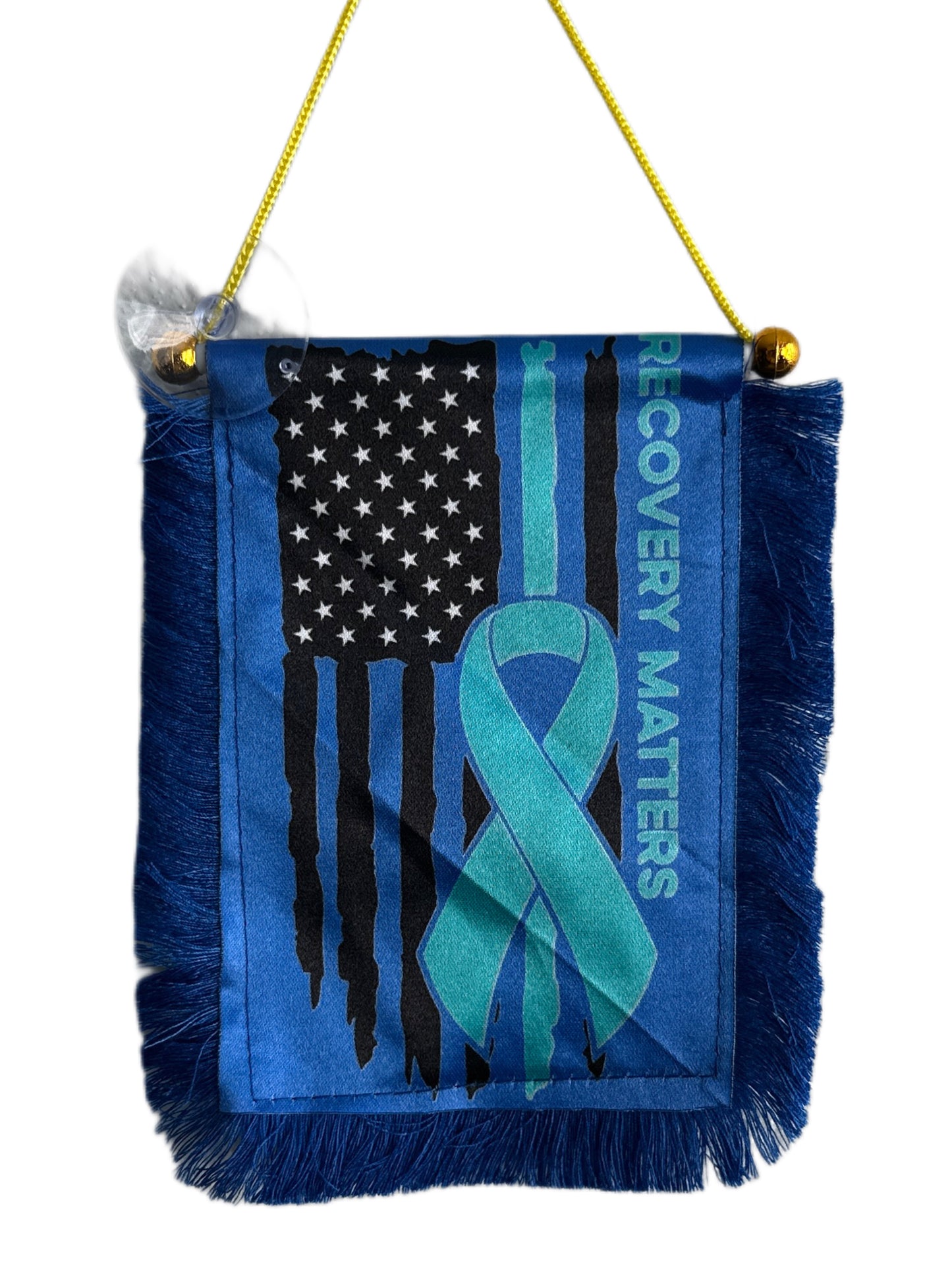 Recovery Matters Hanging Banner - 4x6 Fringy Window Hanging Flag - Mini Flag Banner & Car Rearview Mirror Decor - Fringed & Double Sided - Hanging Flag with Suction Cup