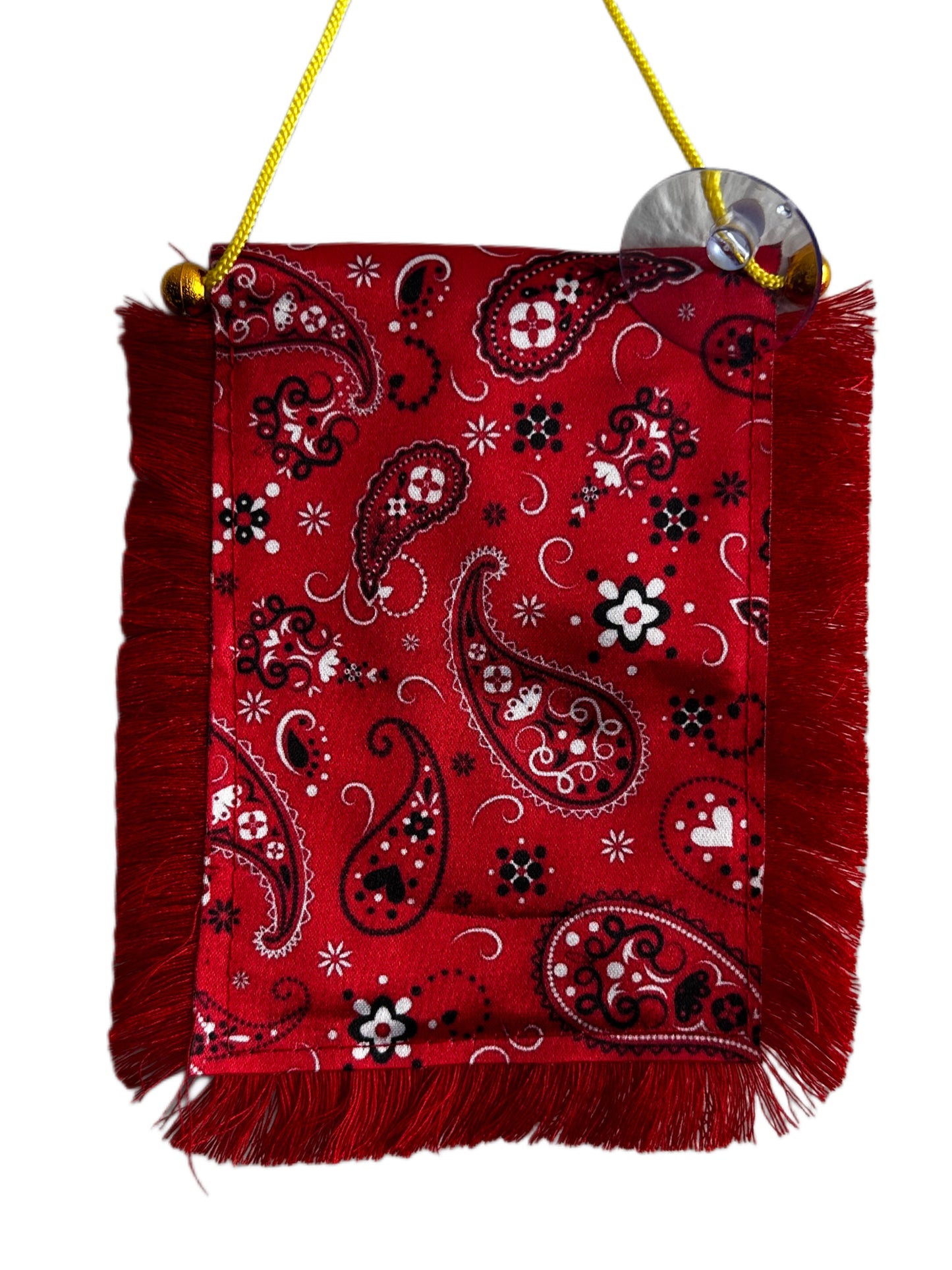 Red Paisley Hanging Banner - 4x6 Fringy Window Hanging Flag - Mini Flag Banner & Car Rearview Mirror Decor - Fringed & Double Sided - Hanging Flag with Suction Cup