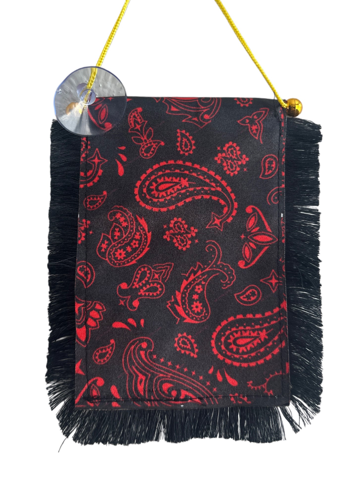 Red Paisley Hanging Banner - 4x6 Fringy Window Hanging Flag - Mini Flag Banner & Car Rearview Mirror Decor - Fringed & Double Sided - Hanging Flag with Suction Cup