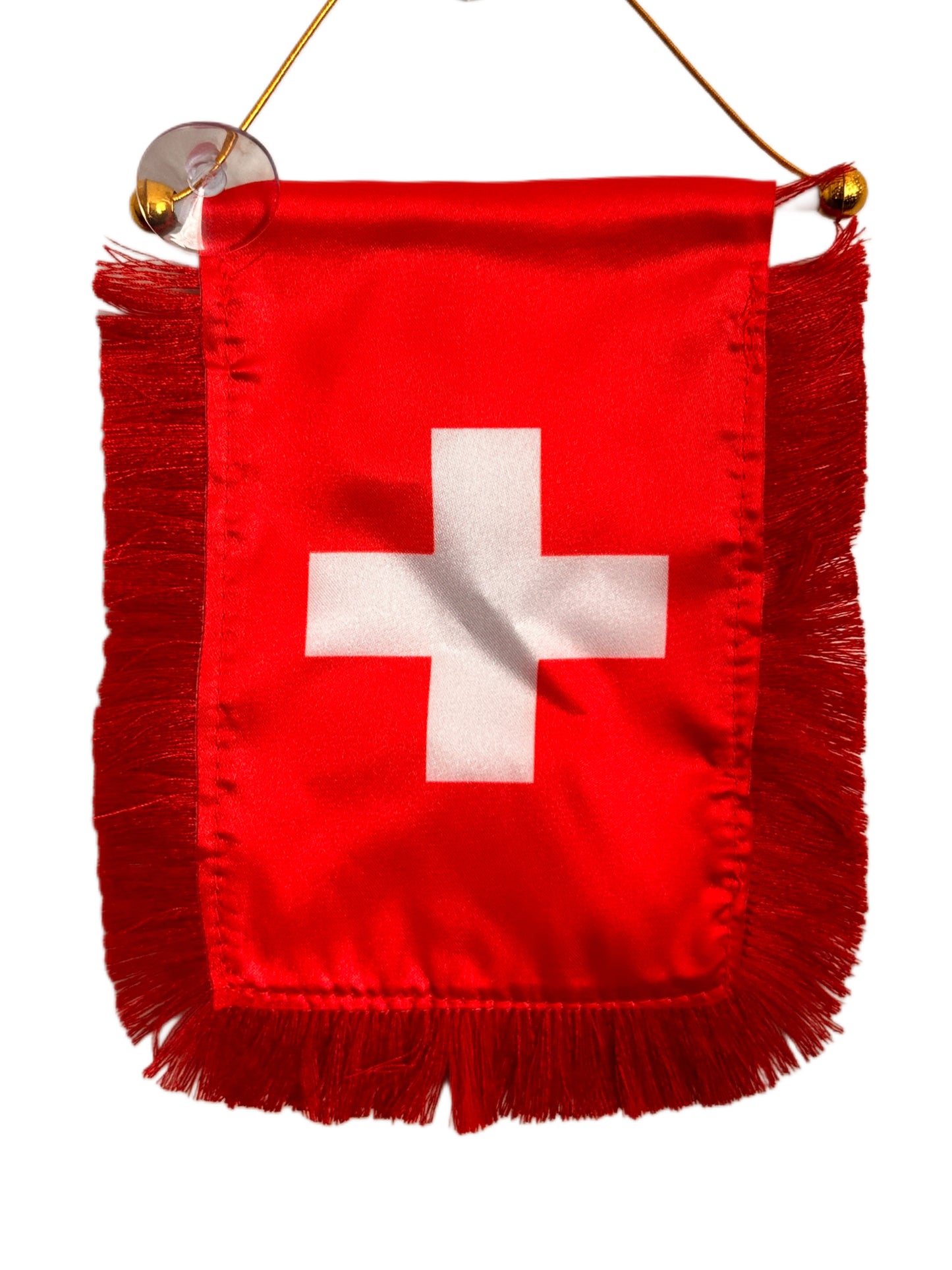 Switzerland Flag Banner - 4x6 Fringy Window Hanging Flag - Mini Flag Banner & Car Rearview Mirror Decor - Fringed & Double Sided - Hanging Flag with Suction Cup