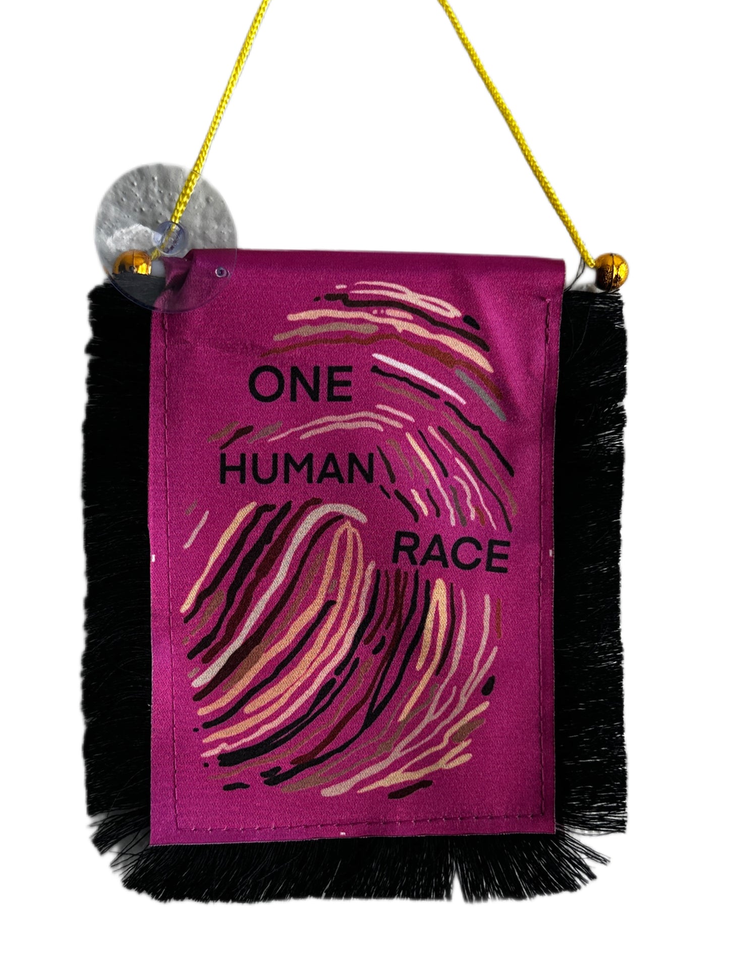 One Human Race Hanging Banner - 4x6 Fringy Window Hanging Flag - Mini Flag Banner & Car Rearview Mirror Decor - Fringed & Double Sided - Hanging Flag with Suction Cup
