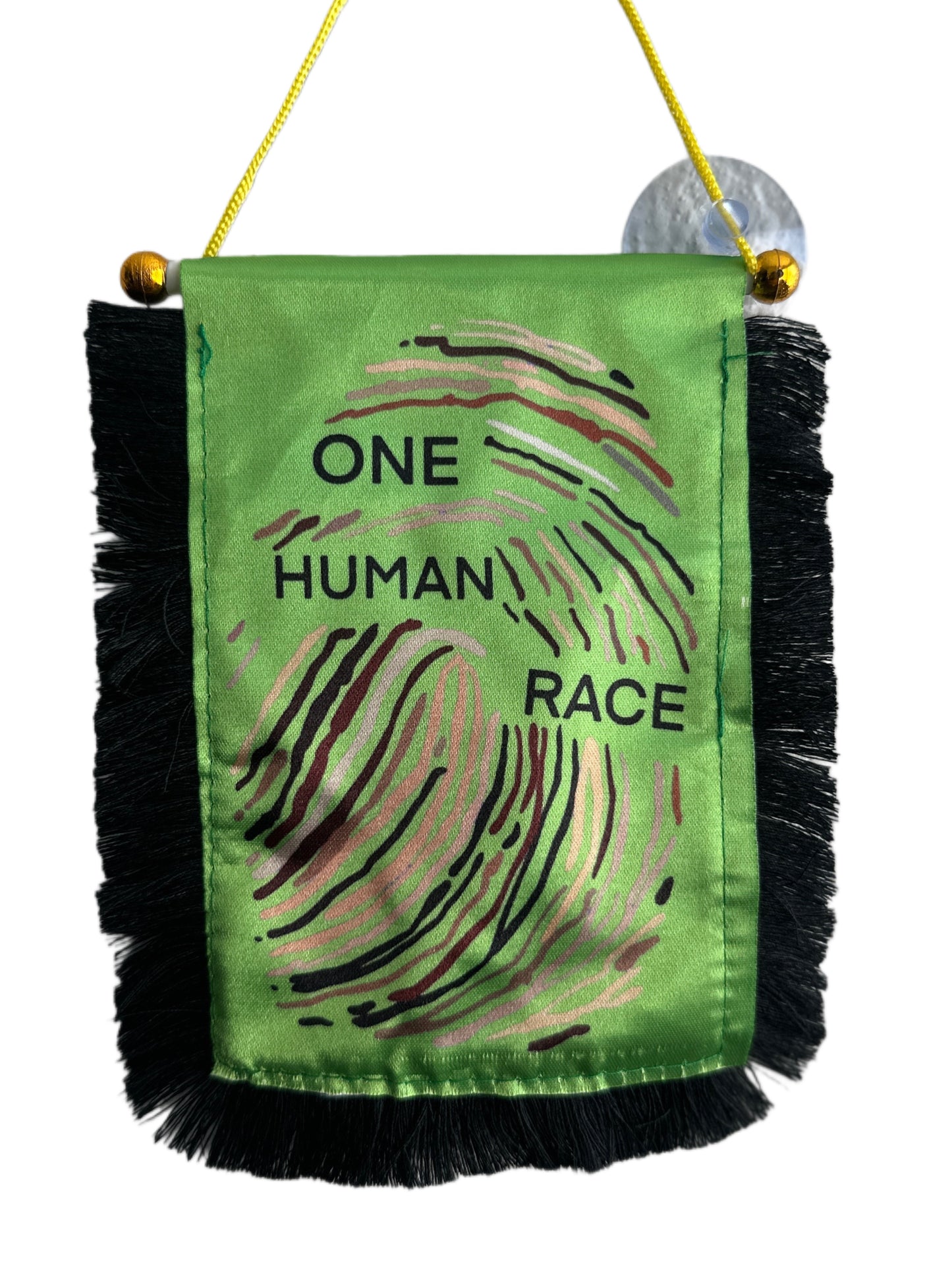 One Human Race Hanging Banner - 4x6 Fringy Window Hanging Flag - Mini Flag Banner & Car Rearview Mirror Decor - Fringed & Double Sided - Hanging Flag with Suction Cup