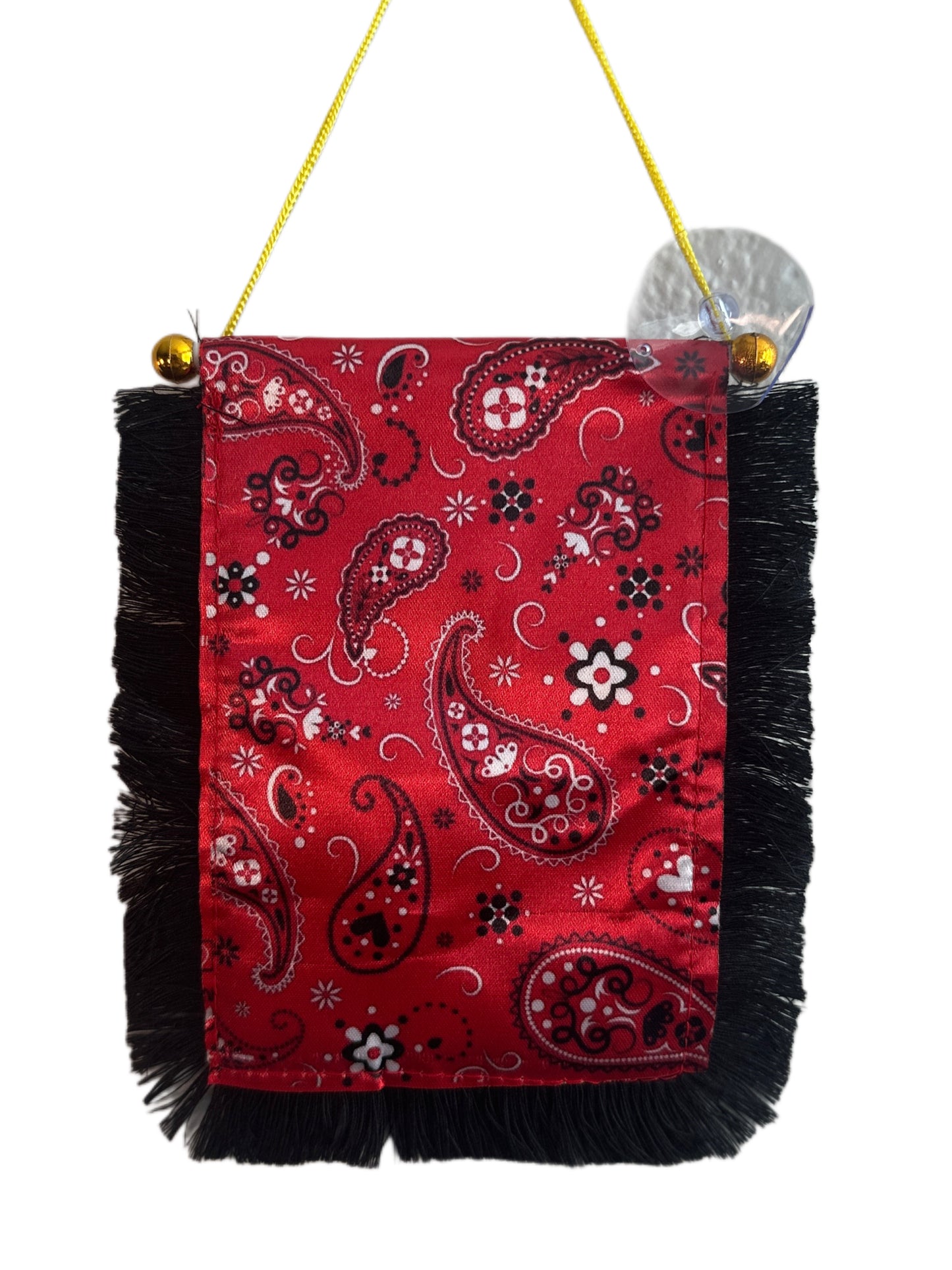Red Paisley Hanging Banner - 4x6 Fringy Window Hanging Flag - Mini Flag Banner & Car Rearview Mirror Decor - Fringed & Double Sided - Hanging Flag with Suction Cup