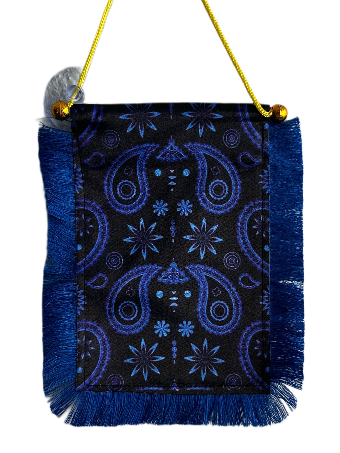 Blue Paisley Hanging Banner - 4x6 Fringy Window Hanging Flag - Mini Flag Banner & Car Rearview Mirror Decor - Fringed & Double Sided - Hanging Flag with Suction Cup
