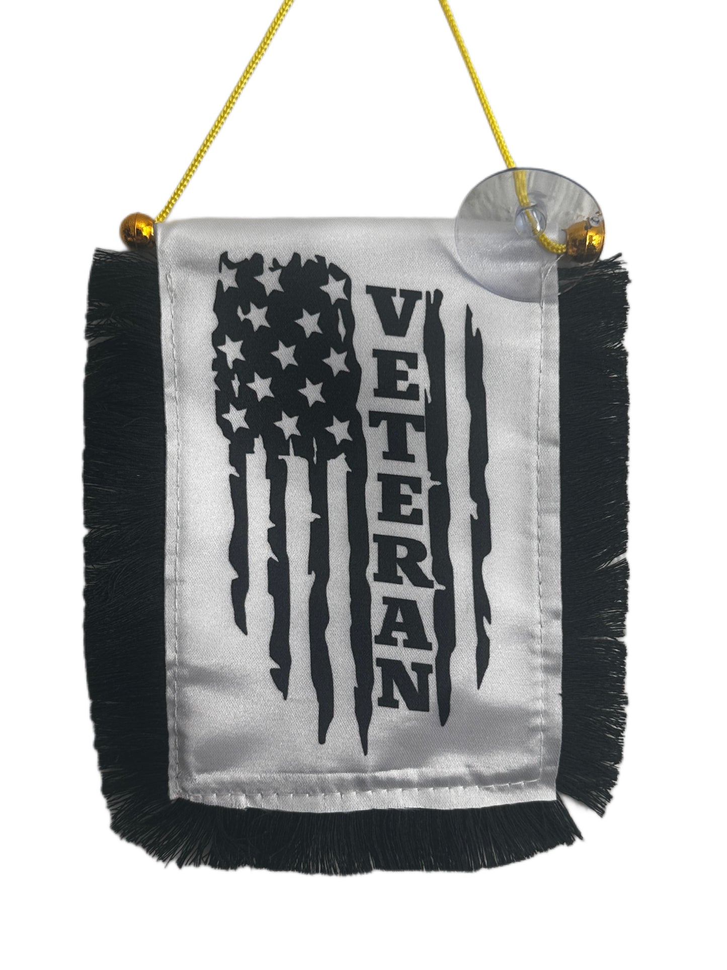 Veteran Hanging Banner - 4x6 Fringy Window Hanging Flag - Mini Flag Banner & Car Rearview Mirror Decor - Fringed & Double Sided - Hanging Flag with Suction Cup