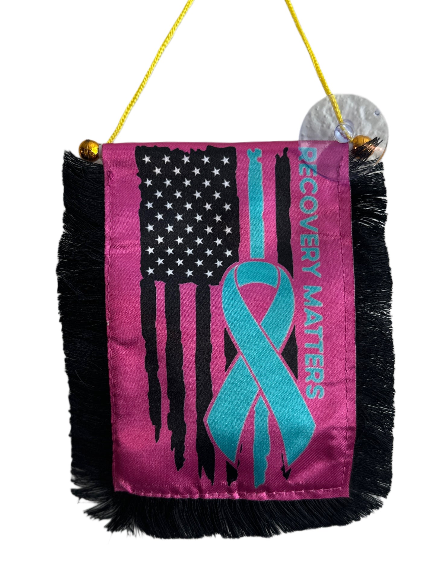 Recovery Matters Hanging Banner - 4x6 Fringy Window Hanging Flag - Mini Flag Banner & Car Rearview Mirror Decor - Fringed & Double Sided - Hanging Flag with Suction Cup