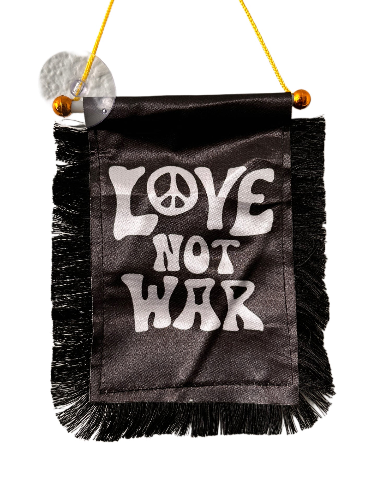Love Not War Hanging Banner - 4x6 Fringy Window Hanging Flag - Mini Flag Banner & Car Rearview Mirror Decor - Fringed & Double Sided - Hanging Flag with Suction Cup