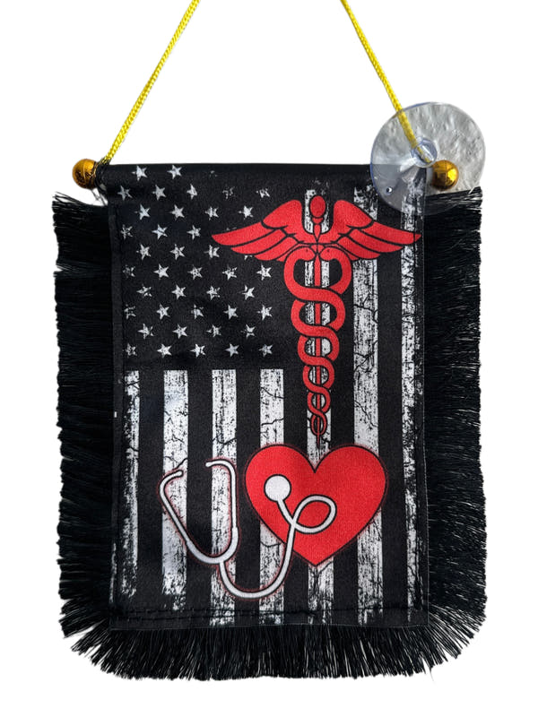 Medical Profession Hanging Banner - 4x6 Fringy Window Hanging Flag - Mini Flag Banner & Car Rearview Mirror Decor - Fringed & Double Sided - Hanging Flag with Suction Cup