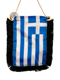 Greece Flag Banner - 4x6 Fringy Window Hanging Flag - Mini Flag Banner & Car Rearview Mirror Decor - Fringed & Double Sided - Hanging Flag with Suction Cup
