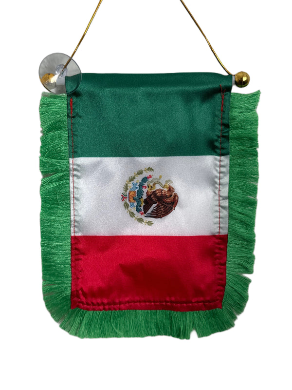 Mexico Flag Banner - 4x6 Fringy Window Hanging Flag - Mini Flag Banner & Car Rearview Mirror Decor - Fringed & Double Sided Hanging Flag with Suction Cup
