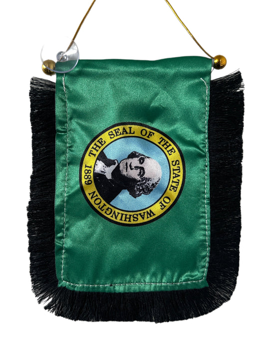 Washington Flag Hanging Banner - 4x6 Fringy Window Hanging Flag - Mini Flag Banner & Car Rearview Mirror Decor - Fringed & Double Sided - Hanging Flag with Suction Cup