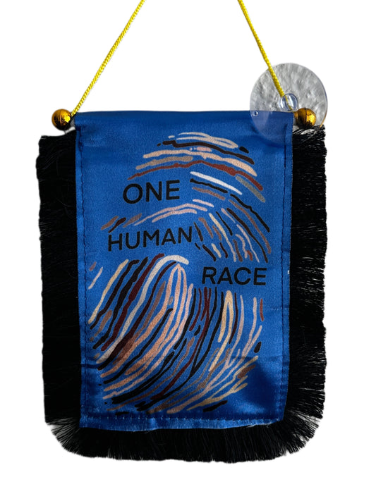 One Human Race Hanging Banner - 4x6 Fringy Window Hanging Flag - Mini Flag Banner & Car Rearview Mirror Decor - Fringed & Double Sided - Hanging Flag with Suction Cup