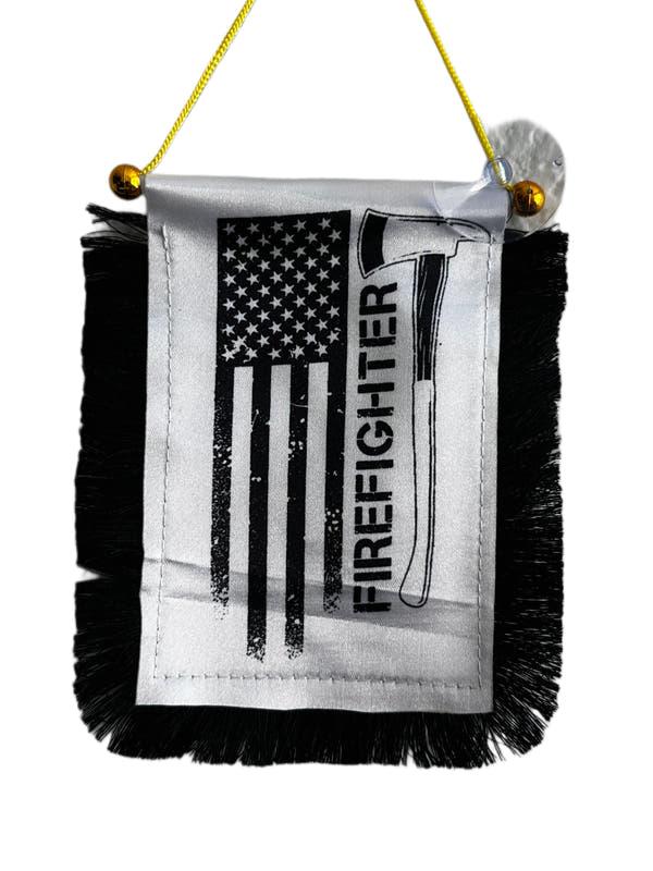 Firefighter Hanging Banner - 4x6 Fringy Window Hanging Flag - Mini Flag Banner & Car Rearview Mirror Decor - Fringed & Double Sided - Hanging Flag with Suction Cup