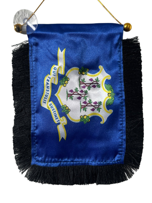 Connecticut Flag Hanging Banner - 4x6 Fringy Window Hanging Flag - Mini Flag Banner & Car Rearview Mirror Decor - Fringed & Double Sided - Hanging Flag with Suction Cup