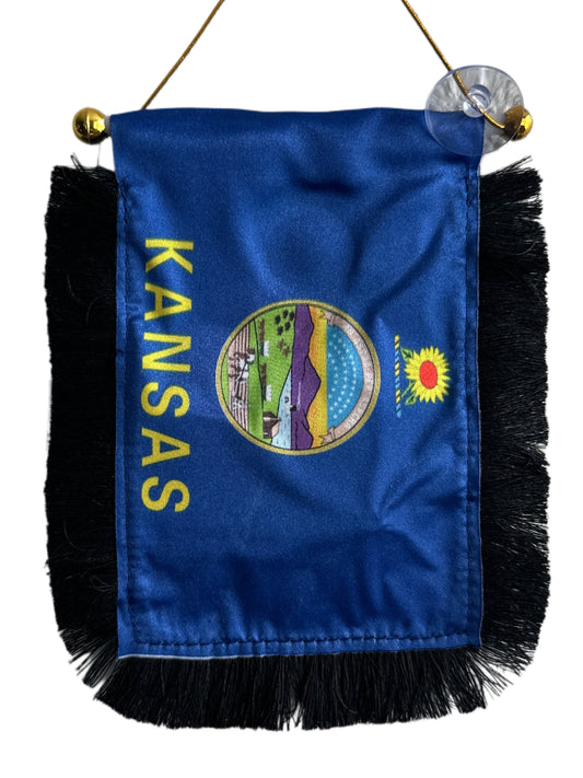 Kansas Flag Hanging Banner - 4x6 Fringy Window Hanging Flag - Mini Flag Banner & Car Rearview Mirror Decor - Fringed & Double Sided - Hanging Flag with Suction Cup