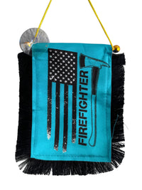 Firefighter Hanging Banner - 4x6 Fringy Window Hanging Flag - Mini Flag Banner & Car Rearview Mirror Decor - Fringed & Double Sided - Hanging Flag with Suction Cup