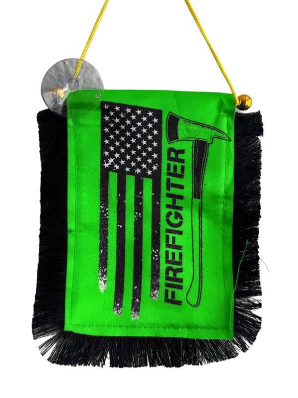 Firefighter Hanging Banner - 4x6 Fringy Window Hanging Flag - Mini Flag Banner & Car Rearview Mirror Decor - Fringed & Double Sided - Hanging Flag with Suction Cup