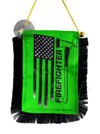 Firefighter Hanging Banner - 4x6 Fringy Window Hanging Flag - Mini Flag Banner & Car Rearview Mirror Decor - Fringed & Double Sided - Hanging Flag with Suction Cup