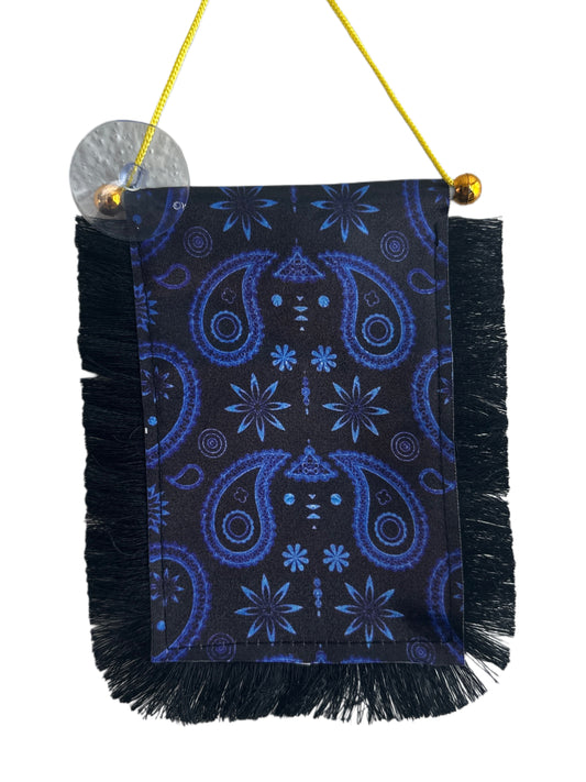 Blue Paisley Hanging Banner - 4x6 Fringy Window Hanging Flag - Mini Flag Banner & Car Rearview Mirror Decor - Fringed & Double Sided - Hanging Flag with Suction Cup