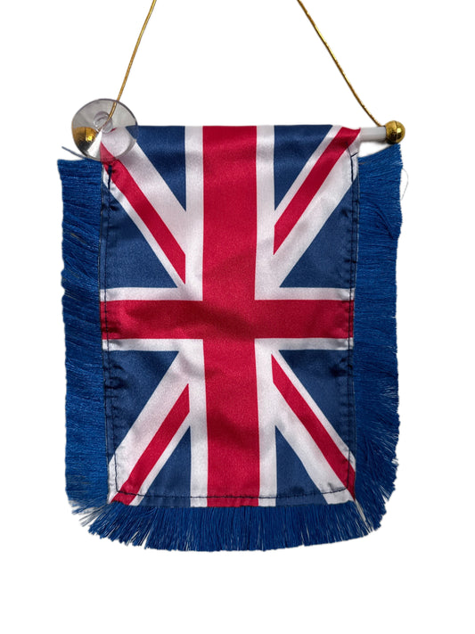 United Kingdom Flag Banner - 4x6 Fringy Window Hanging Flag - Mini Flag Banner & Car Rearview Mirror Decor - Fringed & Double Sided - Hanging Flag with Suction Cup