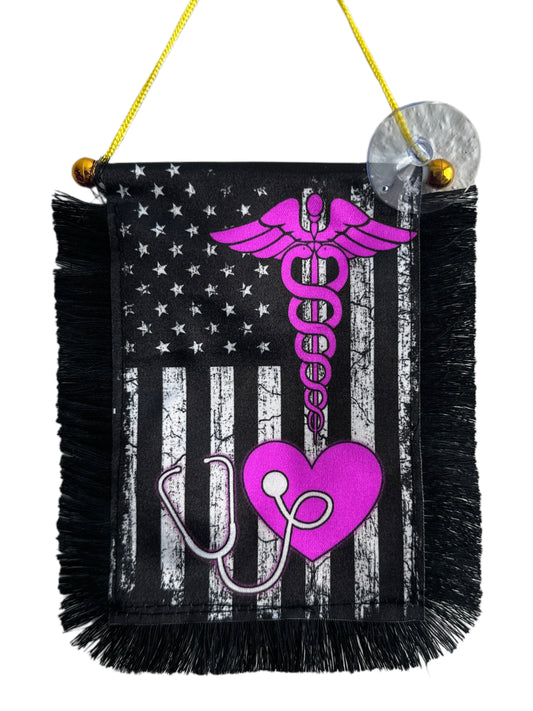 Medical Profession Hanging Banner - 4x6 Fringy Window Hanging Flag - Mini Flag Banner & Car Rearview Mirror Decor - Fringed & Double Sided - Hanging Flag with Suction Cup