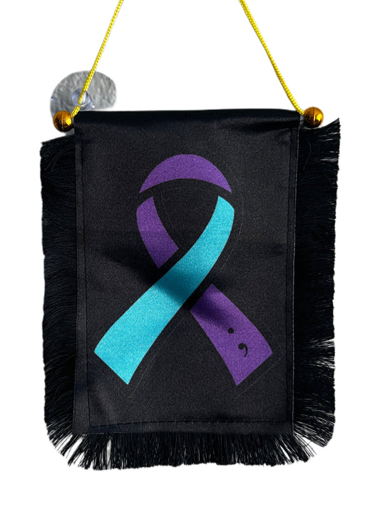 Suicide Awareness Hanging Banner - 4x6 Fringy Window Hanging Flag - Mini Flag Banner & Car Rearview Mirror Decor - Fringed & Double Sided - Hanging Flag with Suction Cup
