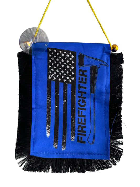 Firefighter Hanging Banner - 4x6 Fringy Window Hanging Flag - Mini Flag Banner & Car Rearview Mirror Decor - Fringed & Double Sided - Hanging Flag with Suction Cup
