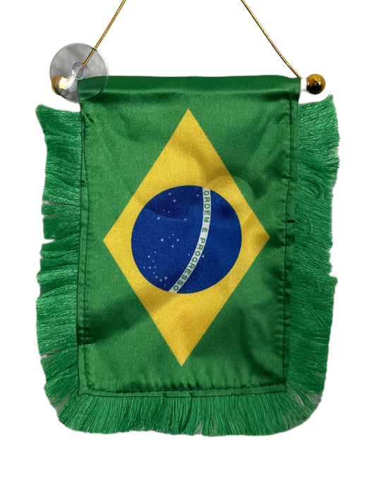 Brazil Flag Banner - 4x6 Fringy Window Hanging Flag - Mini Flag Banner & Car Rearview Mirror Decor - Fringed & Double Sided - Hanging Flag with Suction Cup