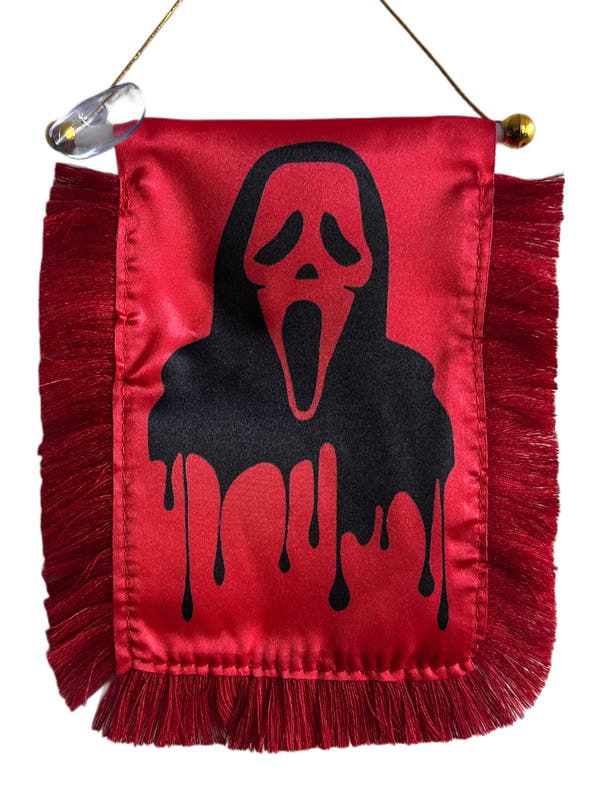 Ghost Face Hanging Banner - 4x6 Fringy Window Hanging Flag - Mini Flag Banner & Car Rearview Mirror Decor - Fringed & Double Sided - Hanging Flag with Suction Cup