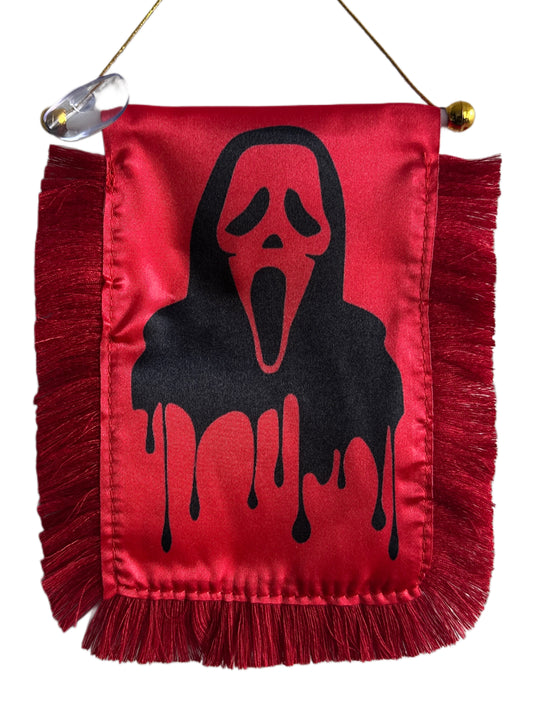 Ghost Face Hanging Banner - 4x6 Fringy Window Hanging Flag - Mini Flag Banner & Car Rearview Mirror Decor - Fringed & Double Sided - Hanging Flag with Suction Cup