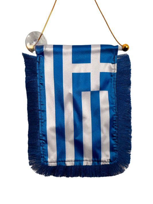 Greece Flag Banner - 4x6 Fringy Window Hanging Flag - Mini Flag Banner & Car Rearview Mirror Decor - Fringed & Double Sided - Hanging Flag with Suction Cup