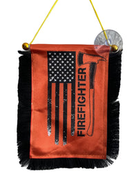 Firefighter Hanging Banner - 4x6 Fringy Window Hanging Flag - Mini Flag Banner & Car Rearview Mirror Decor - Fringed & Double Sided - Hanging Flag with Suction Cup